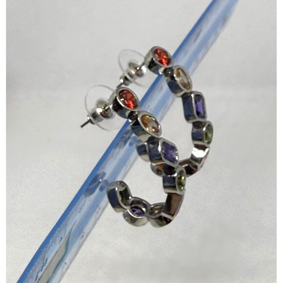 Multi Color Crystal Silver Toned Curved Hoop Earrings - Picture 2 of 5